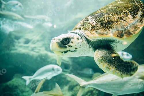 Preview: A friendly and curious sea turtle swimming at oceanarium