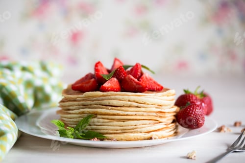 Preview: Stack of Pancakes with Fresh Strawberries and Mint