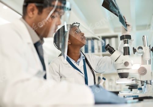 Preview: Shot of a young scientist analysing x-rays while working alongside a colleague in a lab