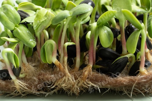 Preview: Sprouted microgreens of sunflower. Superfood is grown at home. Macro photo close-up