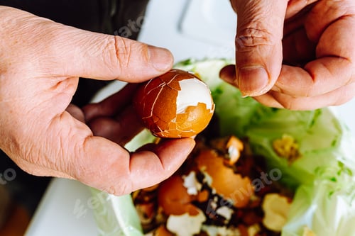Preview: Men's hands clean shell from boiled eggs in bucket of biological food waste