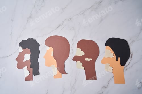 Preview: Silhouette of multiethnic people with vitiligo, skin condition. Made with paper craft.
