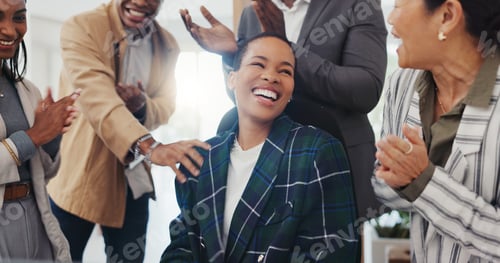 Preview: Happy black woman, congratulations and business people applause, celebration and excited for winnin