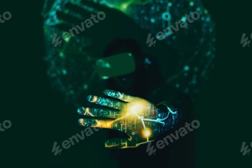 Preview: Woman in vr glasses, hand in the foreground.