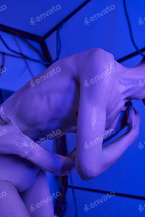Preview: futuristic science concept, cropped view of cosmic traveler, alien in neon light of innovation hub