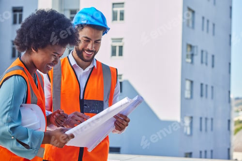 Preview: Architecture, blueprint and teamwork with people on construction site for inspection, development o