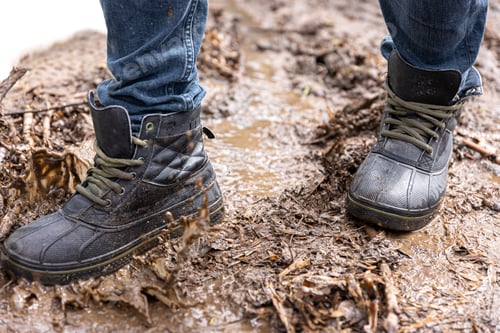 Preview: A man in jeans and boots walks through the swamp in rainy weather.