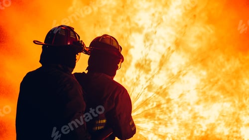 Preview: Fearless Firefighters Battling Blaze with Water and Extinguishers.