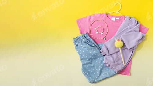 Preview: Flat lay of children's clothes on yellow background
