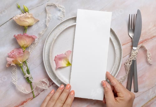 Preview: Hands holding wedding menu over a ceramic plate on a marble table