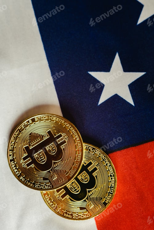 Preview: American flag background and two real bitcoin, new economy on the internet.
