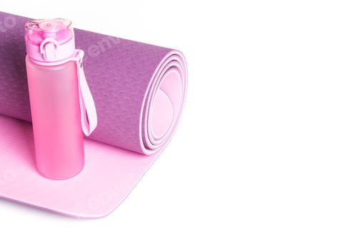 Preview: Pink Water Bottle and Rolled Purple Exercise Mat