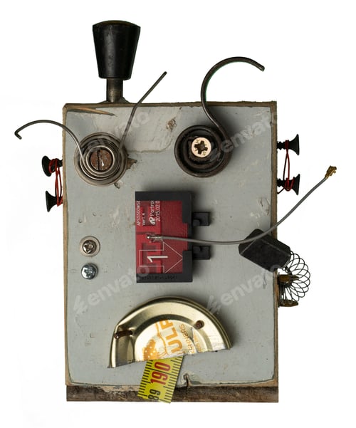 Preview: Robotic head made of wood and various small industrial parts isolated on the white background