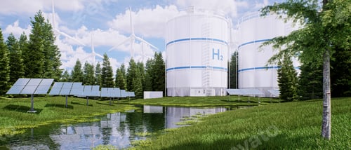 Preview: Hydrogen Energy storage with solar panels and wind turbines on a lush lawn among the trees
