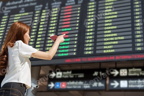 Preview: Asian woman traveler holding the passport and pointing at the flight information screen