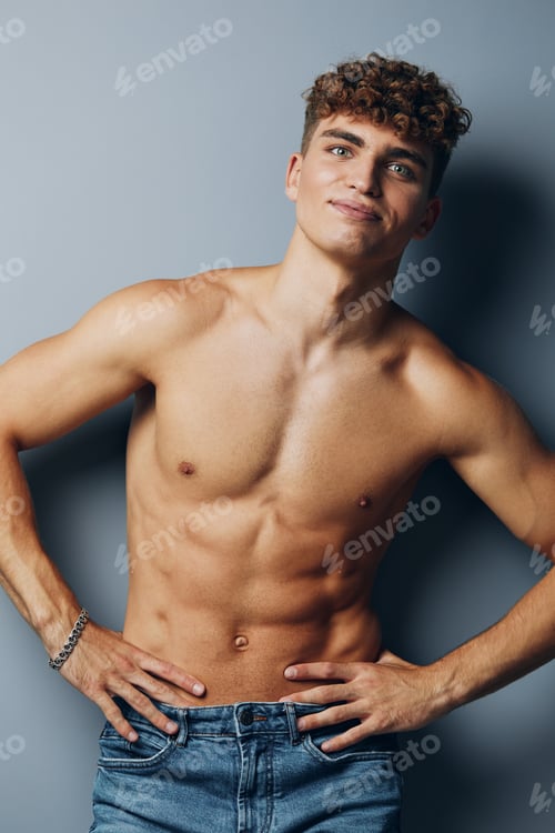 Preview: man jeans gray male body abs strong lifestyle health sexy chest standing