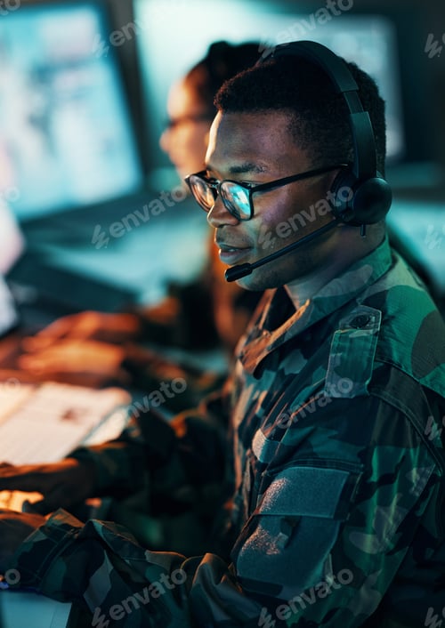 Preview: Military, call center and man on computer in office, data center and monitor for technical support,