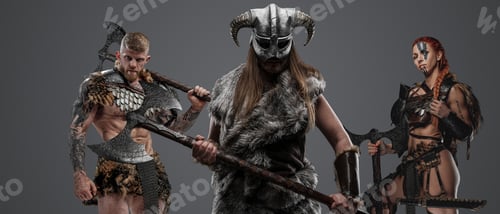 Preview: Furious viking with fur and male and female comrades