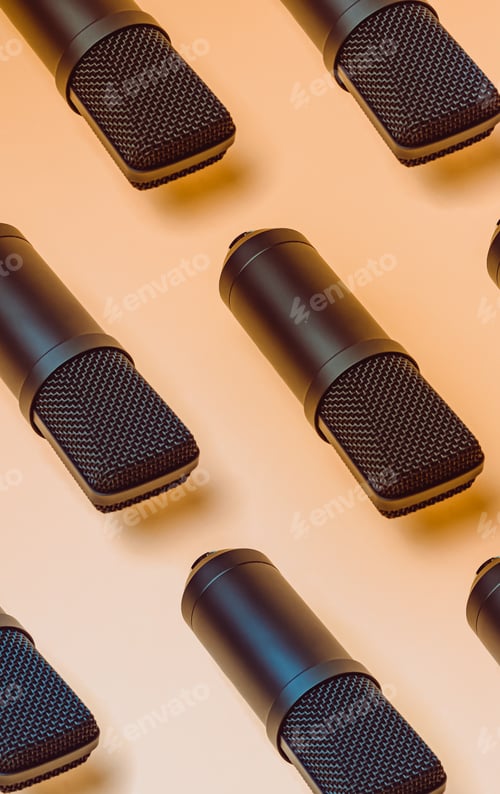 Preview: Mock up design of floating streaming mics microphones over a orange pastel background