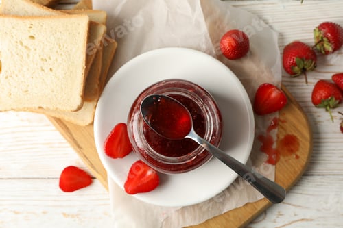 Preview: Composition with strawberry jam on white wooden background, top view