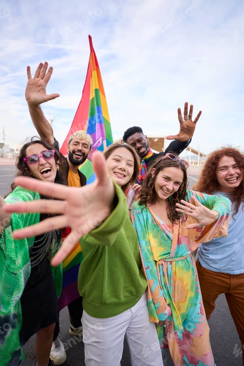 Preview: Group of people are taking a selfie with a rainbow flag
