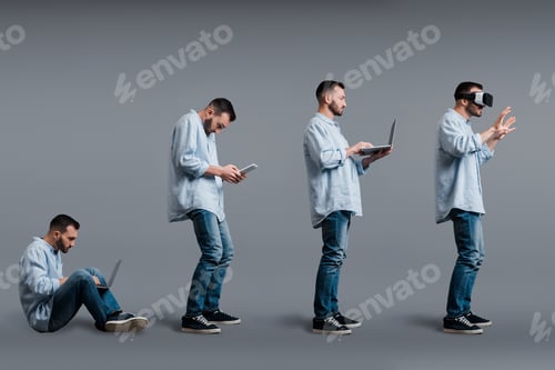 Preview: collage of bearded man using gadgets on grey, evolution concept