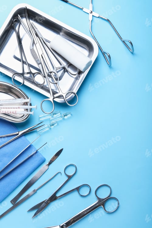 Preview: Different surgical tools on light blue background, flat lay. Space for text