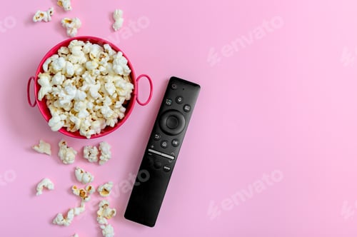Preview: Popcorn in a metal bowl and a remote control on a pink background with copy space
