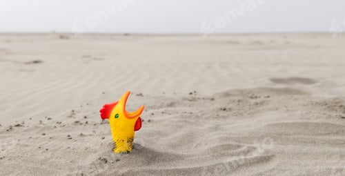 Preview: Rubber chicken buried in ocean beach sand