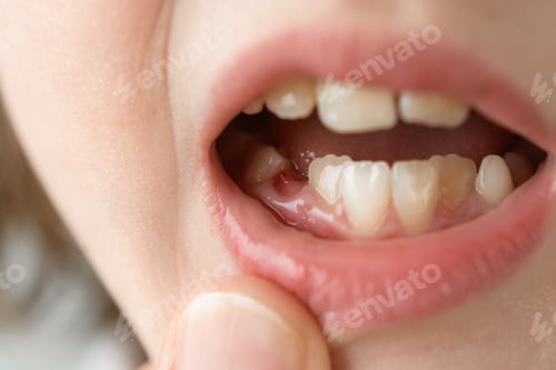 Preview: Child opens mouth to show fresh socket after baby tooth falls out, with focus on normal tooth change