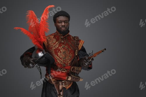 Preview: Handsome military man with plumed helmet and handgun