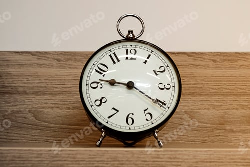 Preview: Alarm clock. White background and black arrows. A wooden shelf.