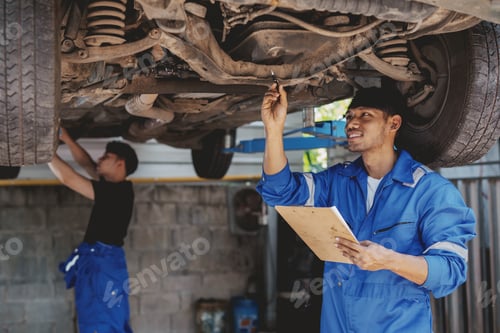 Preview: Portrait Of Young Asian Mechanic Working on a Vehicle in a Car Service. Mechanic repairing a car