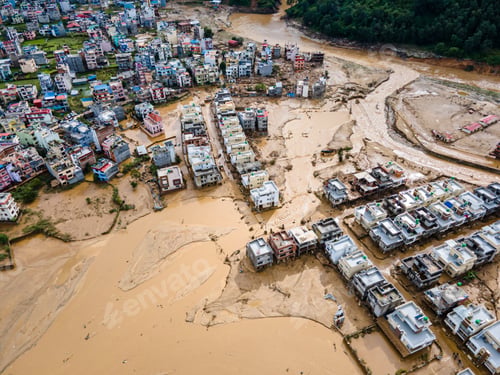Preview: Drone view of the Nakhu River after flooded in Lalitpur, Nepal.