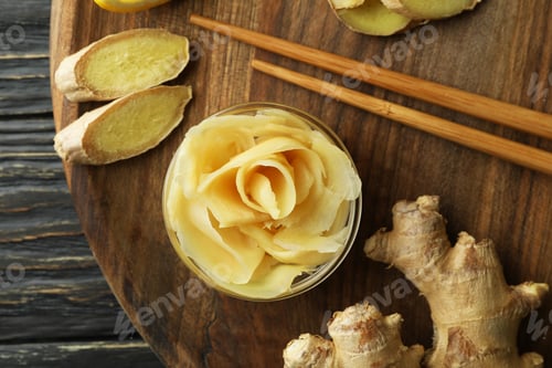 Preview: Tray with pickled ginger, chopsticks and ginger on wooden table