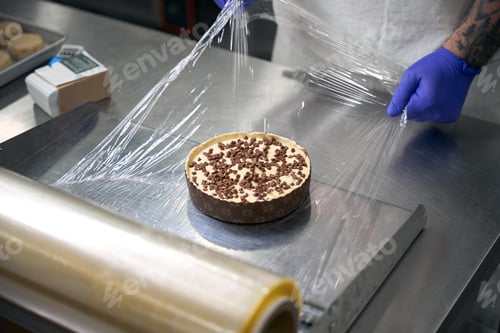 Preview: Male in protective gloves packs a pie in cling film