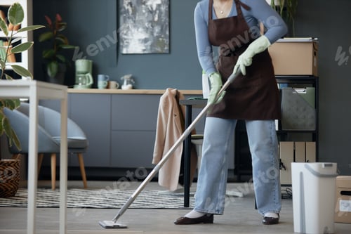 Preview: Girl Cleaning Office and Washing Floors with Mop and Bucket