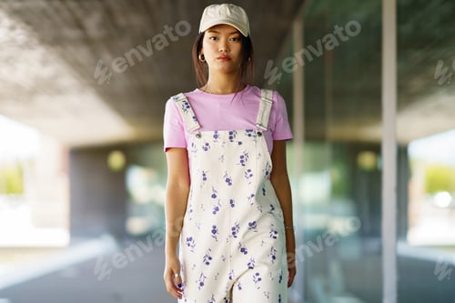 Preview: Stylish Asian woman walking towards camera