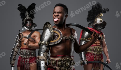 Preview: Crazy gladiator with naked torso with two comrades