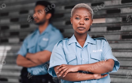 Preview: Portrait, security or law enforcement and a serious woman arms crossed with a man colleague on the