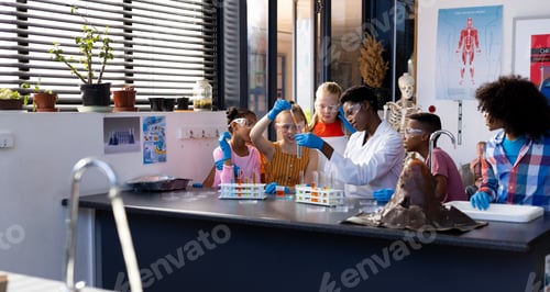 Preview: Diverse female teacher and school children doing experiment in chemistry class