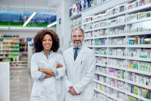 Preview: Portrait of two colleagues, working at the pharmacy, dressed in a white uniform.