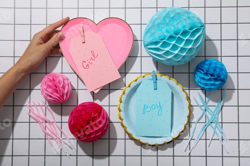 Preview: Paper balls, hand and plates with cards on light background, top view