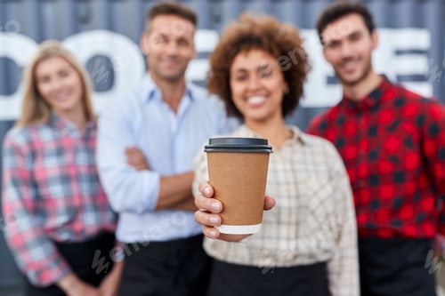 Preview: Portrait Of Team Working For Coffee Shop Or Distribution Business Standing By Shipping Container