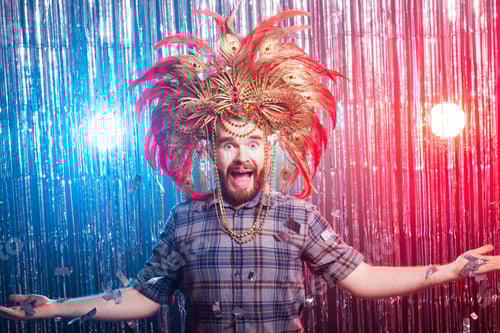 Preview: Fun, holiday and strange people concept - Funny man in carnival hat looking surprised