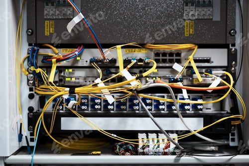 Preview: Cropped shot of the inside of a computer with all of its wiring located in a server room