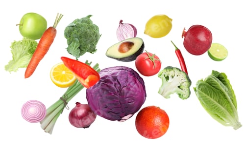 Preview: Many fresh vegetables and fruits falling on white background