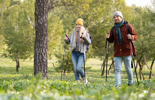 Preview: Cheerful hikers walking in forest using trekking poles and backpacks