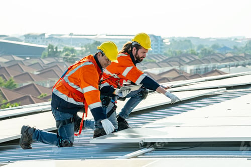 Preview: Engineer working setup Solar panel at the roof top. Engineer or worker work on solar panels or solar