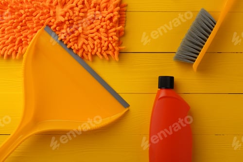 Preview: Cleaning tools composition flat lay on yellow wooden background